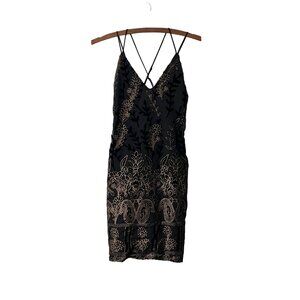 Lost+Wander Womens Black Gold Floral Velour Sheer Strappy Back Mini Dress XSmall